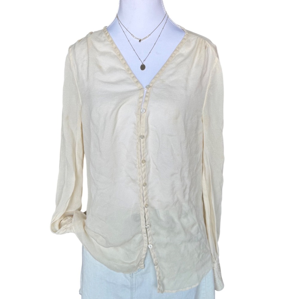 Elizabeth and James Silk Blouse Cream Smocked Cuff V-Neck Button Down Top M